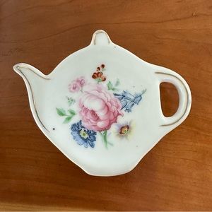 Vintage Transferware Floral with Gd Accents Teapot Shaped Teabag Holder